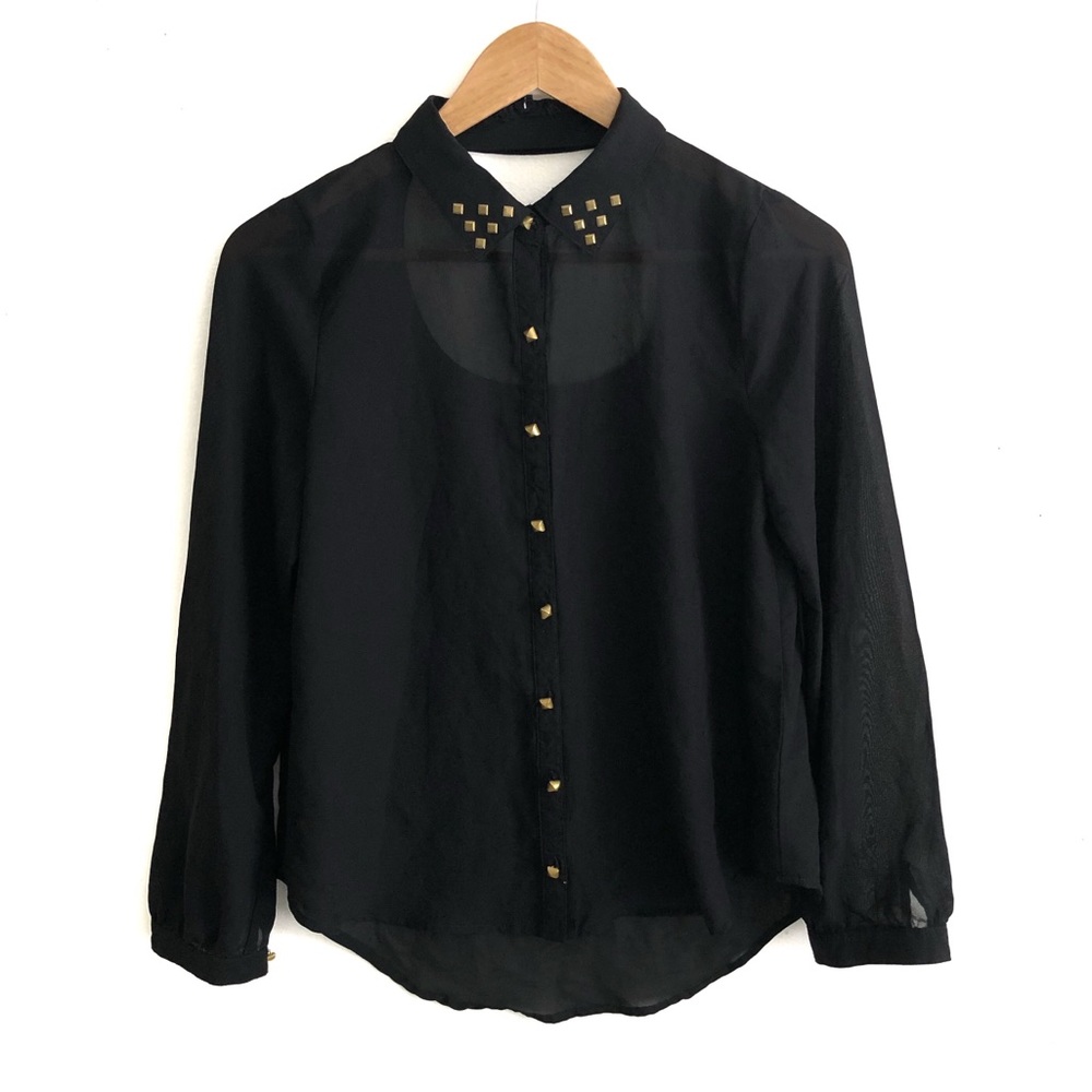 Long Sleeve Button-Down Sheer Black Studded Top